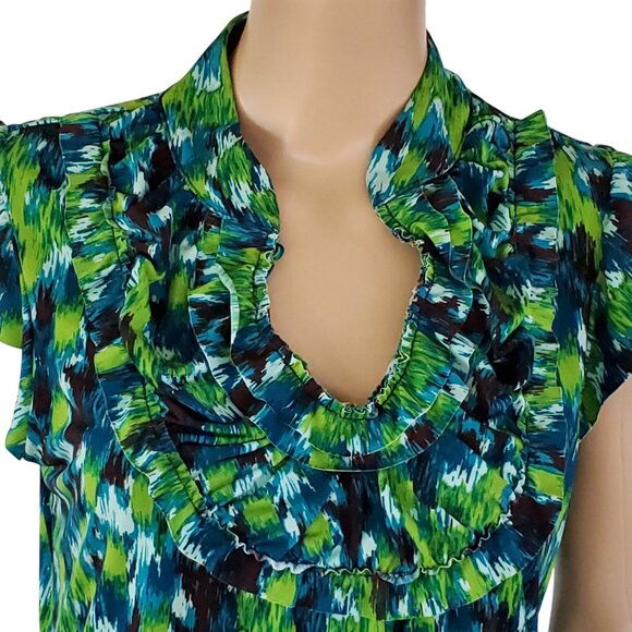 Heart Soul Blouse Top Women's Large Blue Green Ruffle Knit Stretch Cap Sleeves - Picture 8 of 13